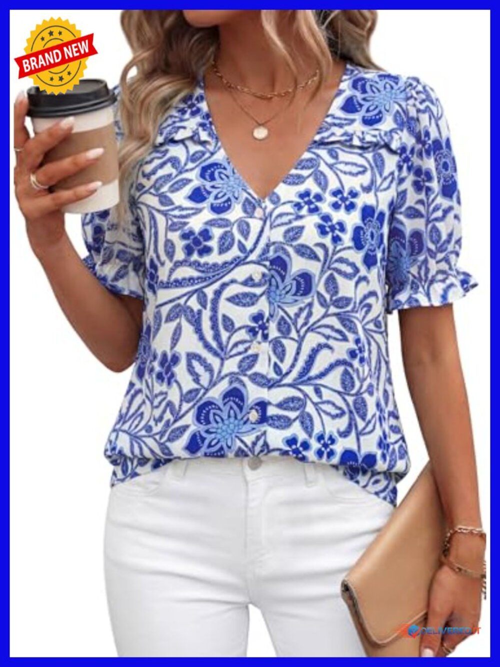Boho Floral V-Neck Puff Sleeve Blouse 100% Polyester Lightweight